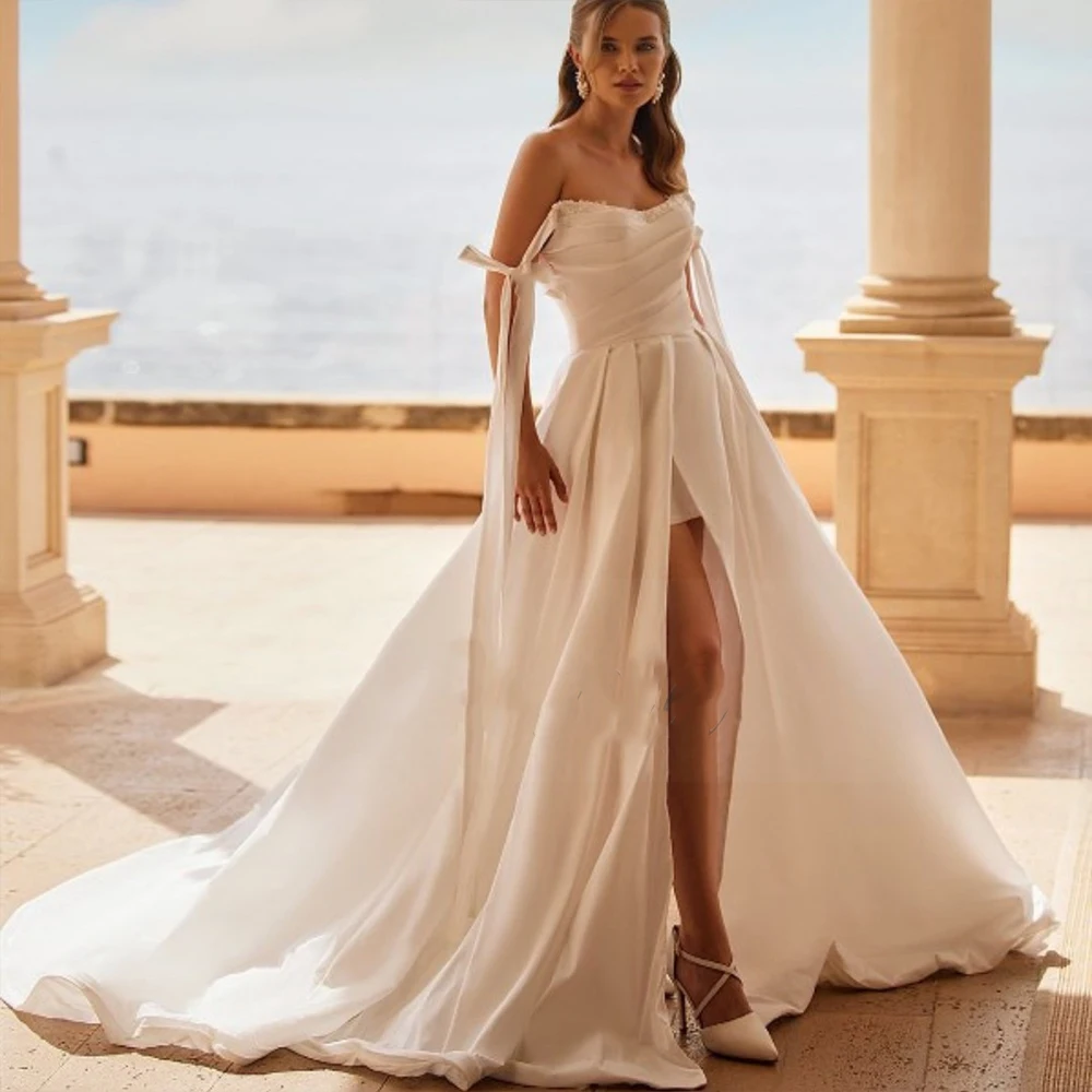 Nowoczesna Koronkowa Suknia Ślubna z Dekoltem w Serek, Satynowa, Zapinana na Guziki, Warstwowa, z Odkrytymi Plecami, Rozcięciem z Boku, Długa, Szyta na Miarę, Robe De Mariée