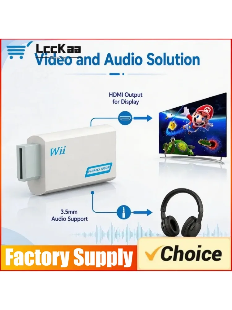 Full HD HDMI-kompatibler Adapter für Wii-Konsole, Konverter mit 3,5-mm-Klinkenanschluss, Audio-Video-Kabel 720P für PC, HDTV-Monitor-Display