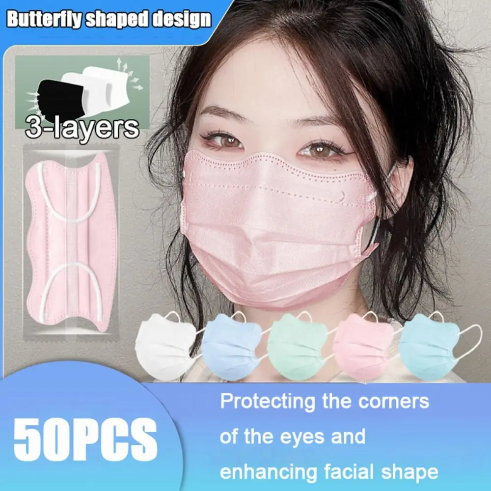 Butterfly Shaped Máscara Facial Descartável, Morandi Cor, Anti Poeira, Anti-Poeira, 3-Layer, protetora, Capa, Design, Respirável, 50Pcs