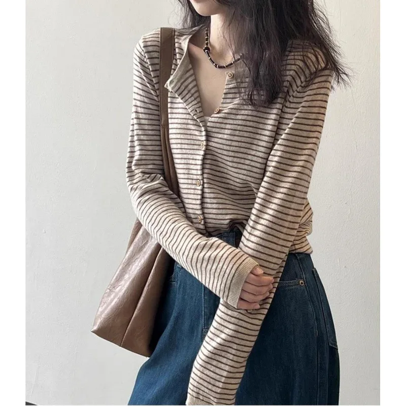 Women Base Layer 2026 Spring Autumn New Striped Knitting Cardigan Women Long Sleeve Design Casual Loose Outerwear Sweater Tops