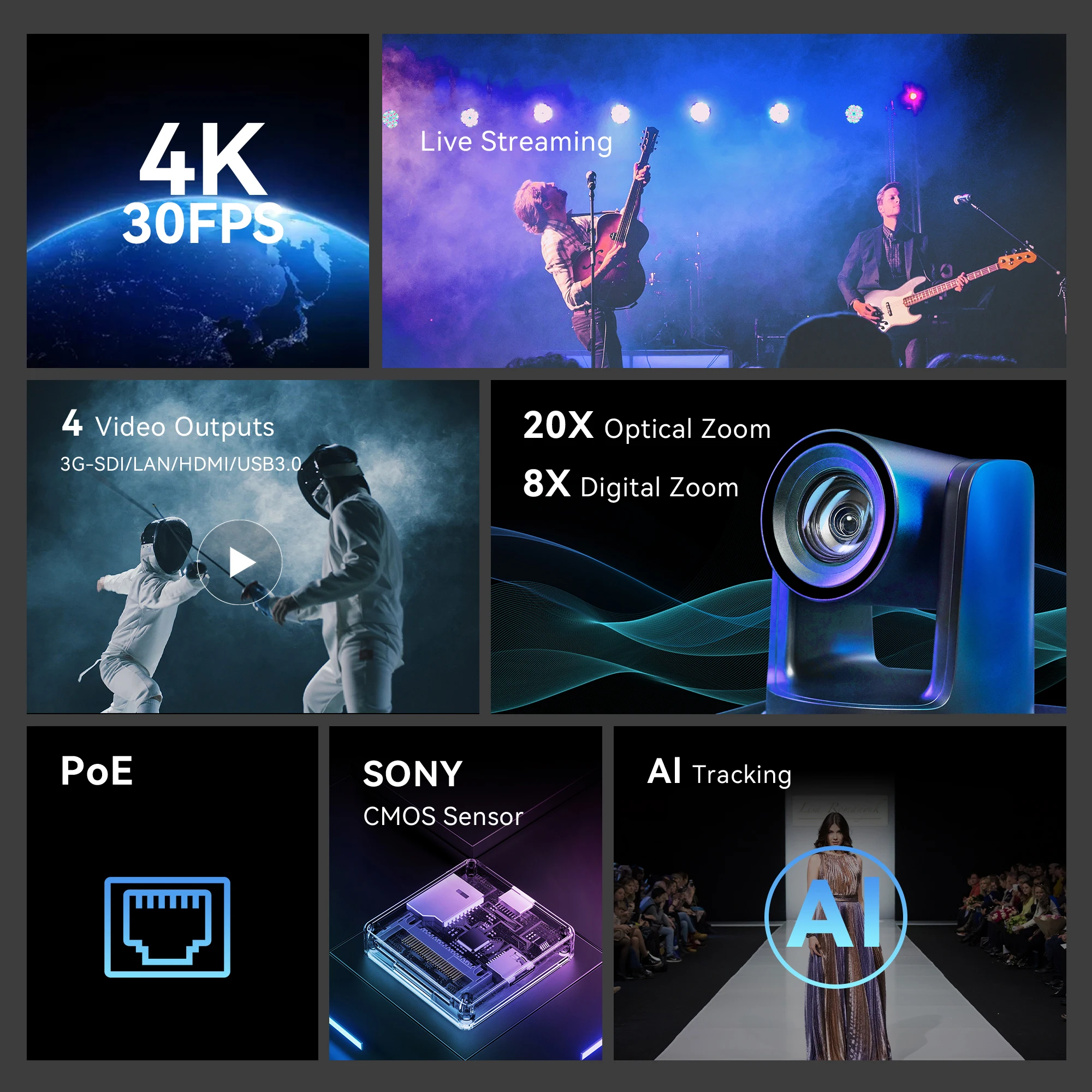 2PCS Professional PTZ Camera & Controller 4K 20X Zoom AI Tracking Camera and 4D Joystick Controller for Live Streaming