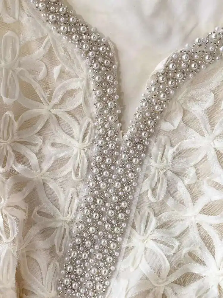 JAMERARY Summer Holiday Diamonds Pearls White Dress Women Short Sleeve 3D Floral Mesh Lace Embroidery Party A Line Vestidos