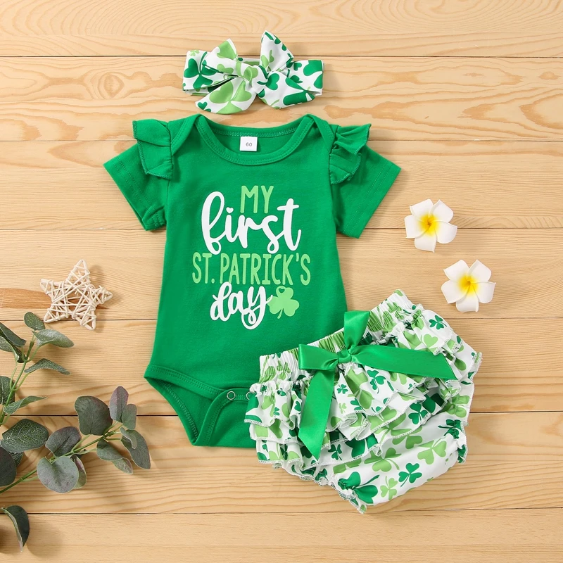 

My First St Patricks Day Baby Girl Outfit Ruffles Romper Shamrock Shorts Headband Set 3Pcs Newborn Infants Clothes Set