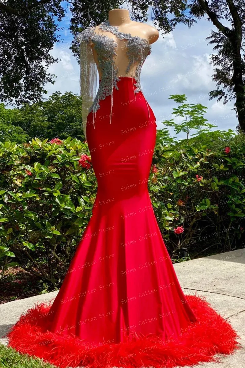 Passionate One Shoulder Mermaid Dress Feather Applique Sparkly Beaded Long Sleeve Red Satin Evening Dresses See Through Gowns