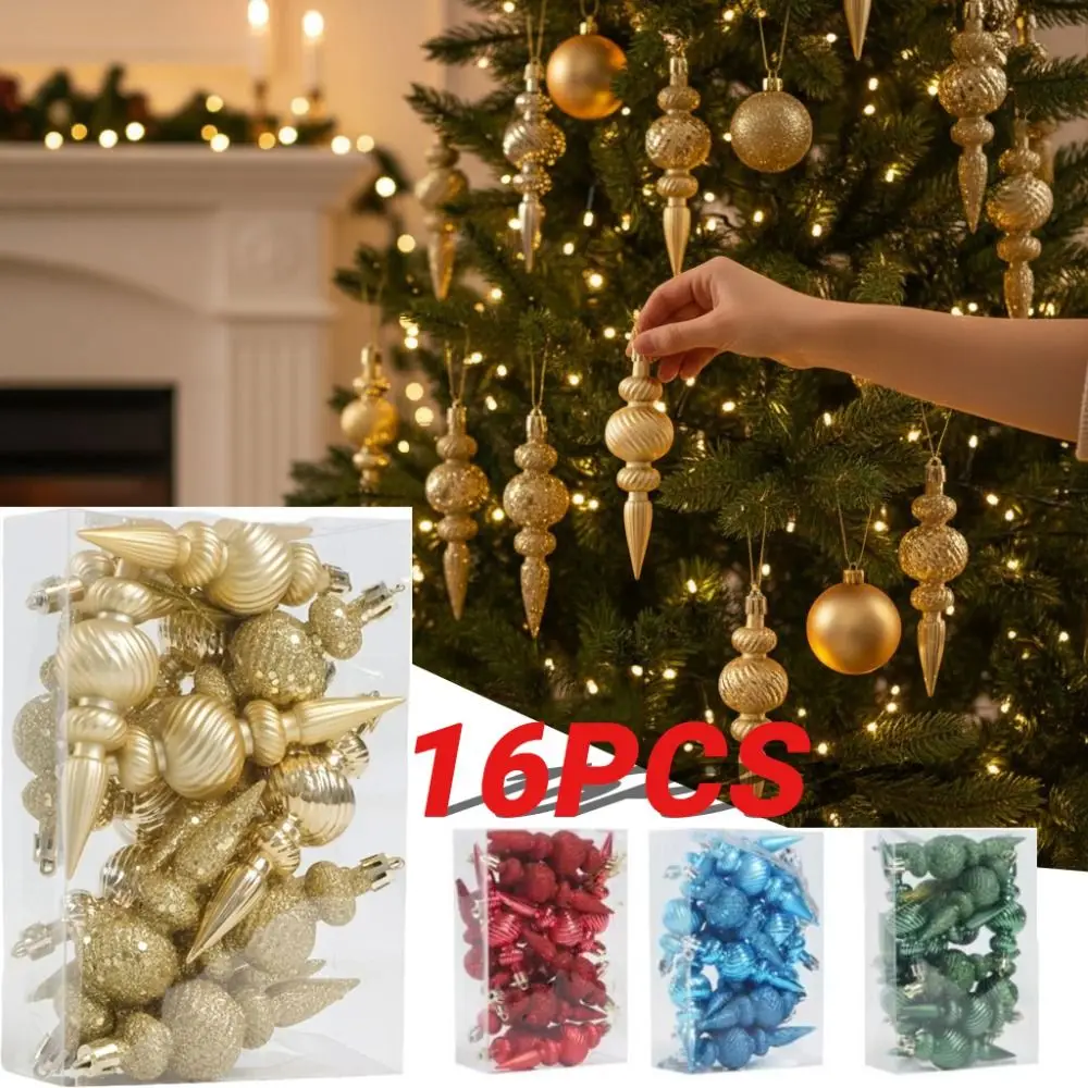 

16Pcs 16Pcs/Box Christmas Hanging Balls with Hanging Rope Special Shaped Xmas Tree Party Decorations Gold Powder Shiny