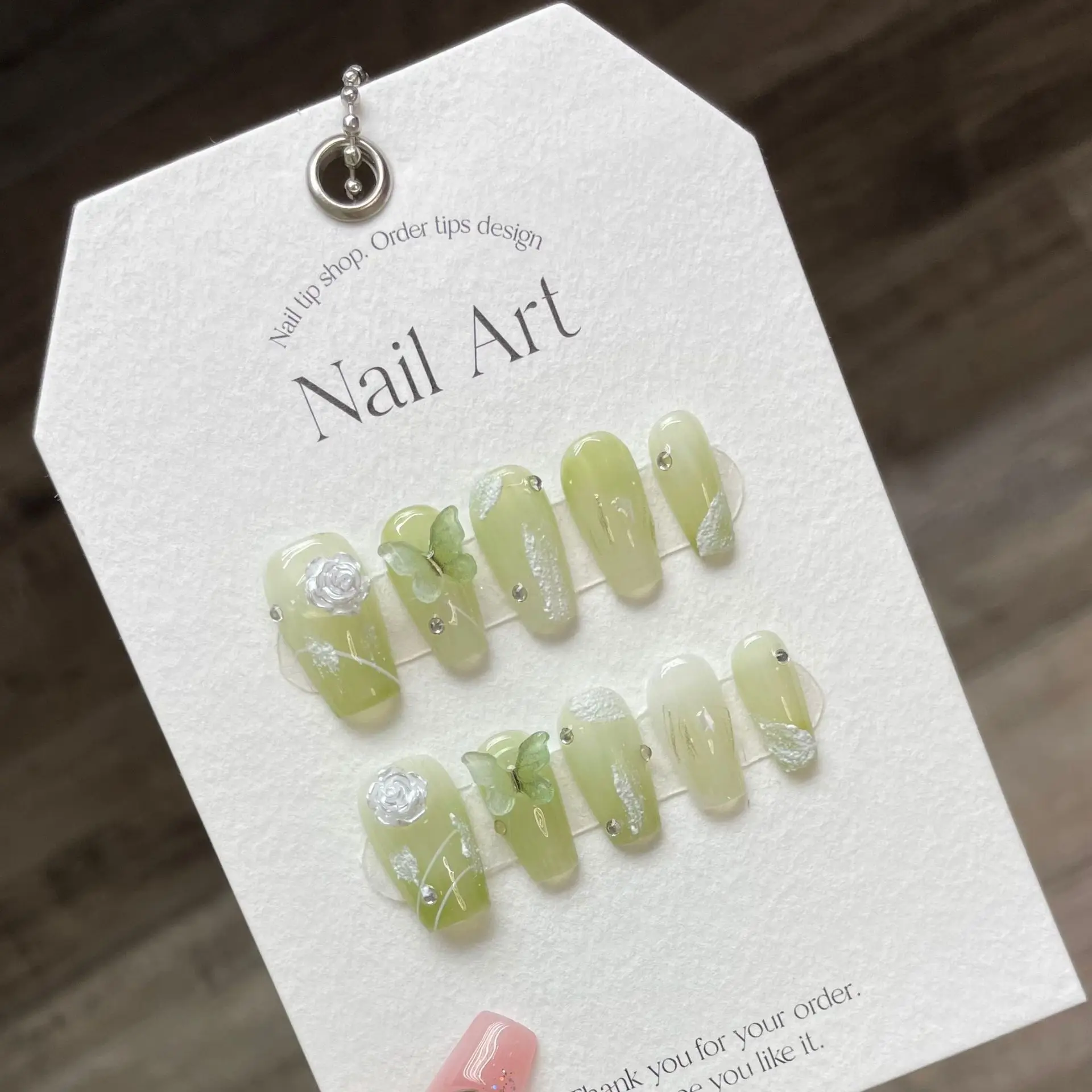 

10 pcs Luxury Handmade Press on Nails Short Ballet Green Butterfly Design False Nails with 4-PIECE Tool Adhesive Nail Glue Tabs
