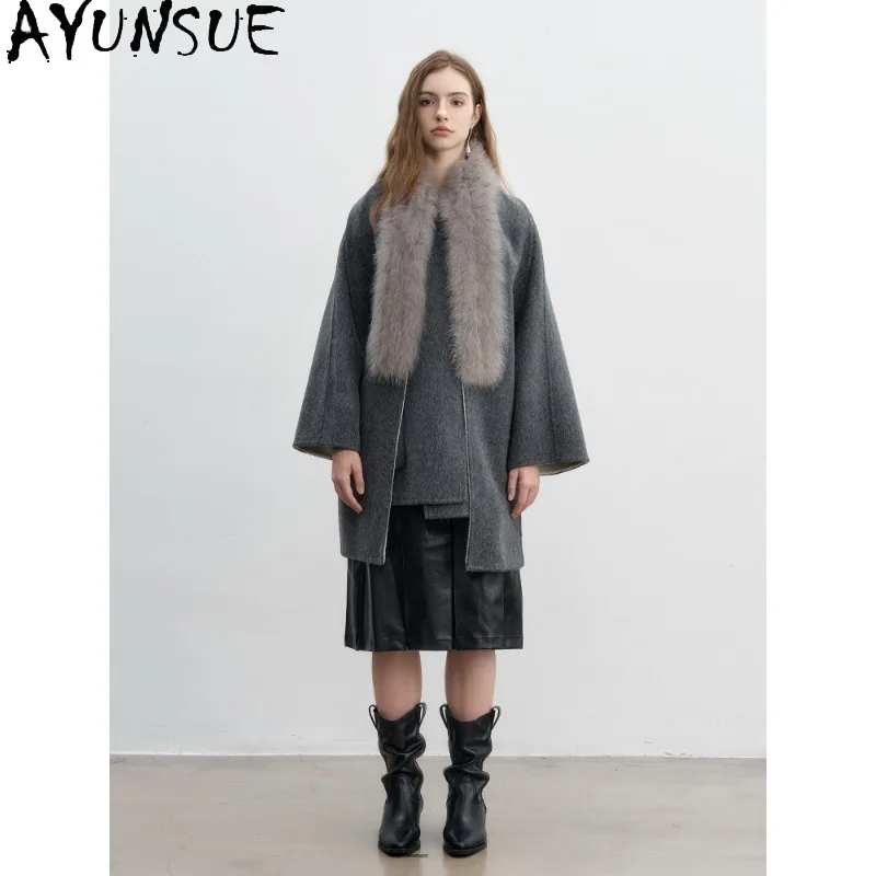 AYUNSUE 70% Wool Jacket Women Double Sided Woolen Winter Coat Mid-length Trench Coats for Woman Clothing Warm Big Fox Fur Scarf
