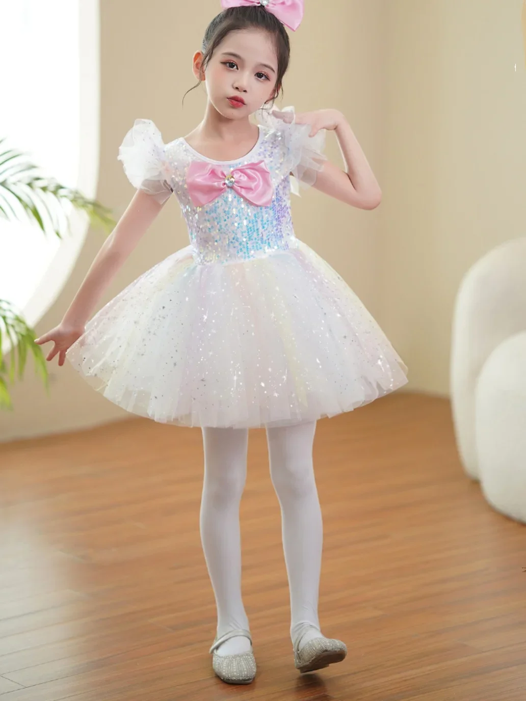زي رقص للأطفال ، تنورة رقيقة لطيفة للأداء ، تنورة أميرة وردي مطرزة بالترتر للفتيات ، ملابس أداء رياض الأطفال