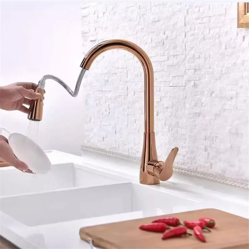 Kitchen Faucets  Single Handle Pull Out Kitchen Mixer Tap Single Hole Rotating Rose Gold Water Mixer Tap Mixer Tap
