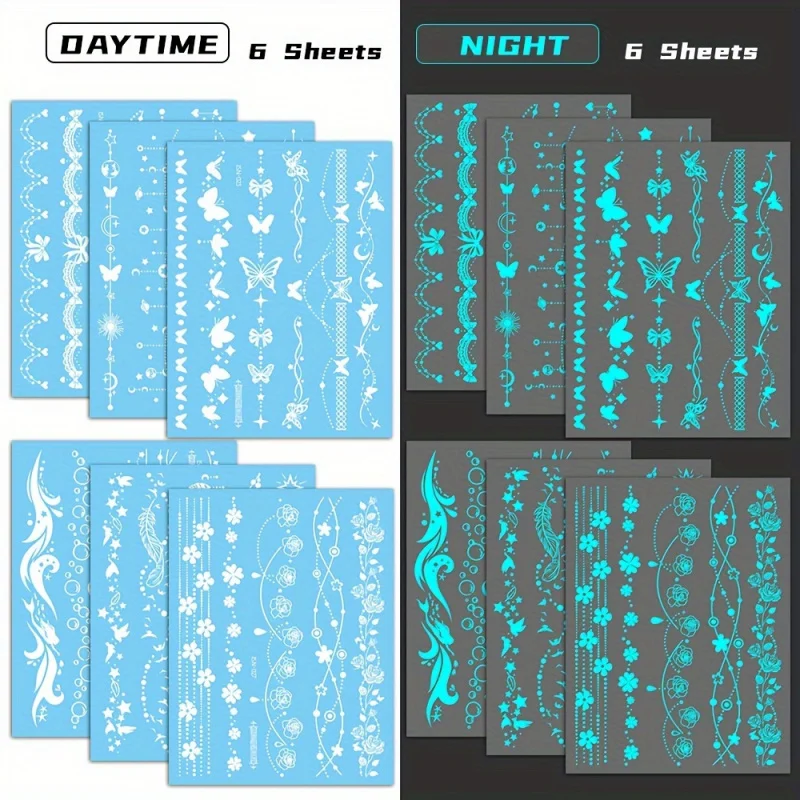 6 Sheets Blue Glow in the Dark Temporary Tattoos Stickers Waterproof with Stars, Moons, Butterflies, Flowers, Festival Bracelet