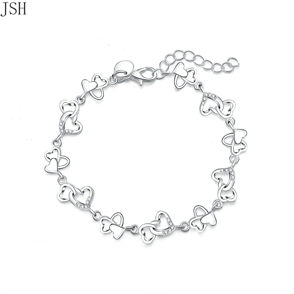 Beautiful 925 sterling silver bracelet gorgeous women HEART lovely Crystal chain fashion Wedding Party cute lady jewelry