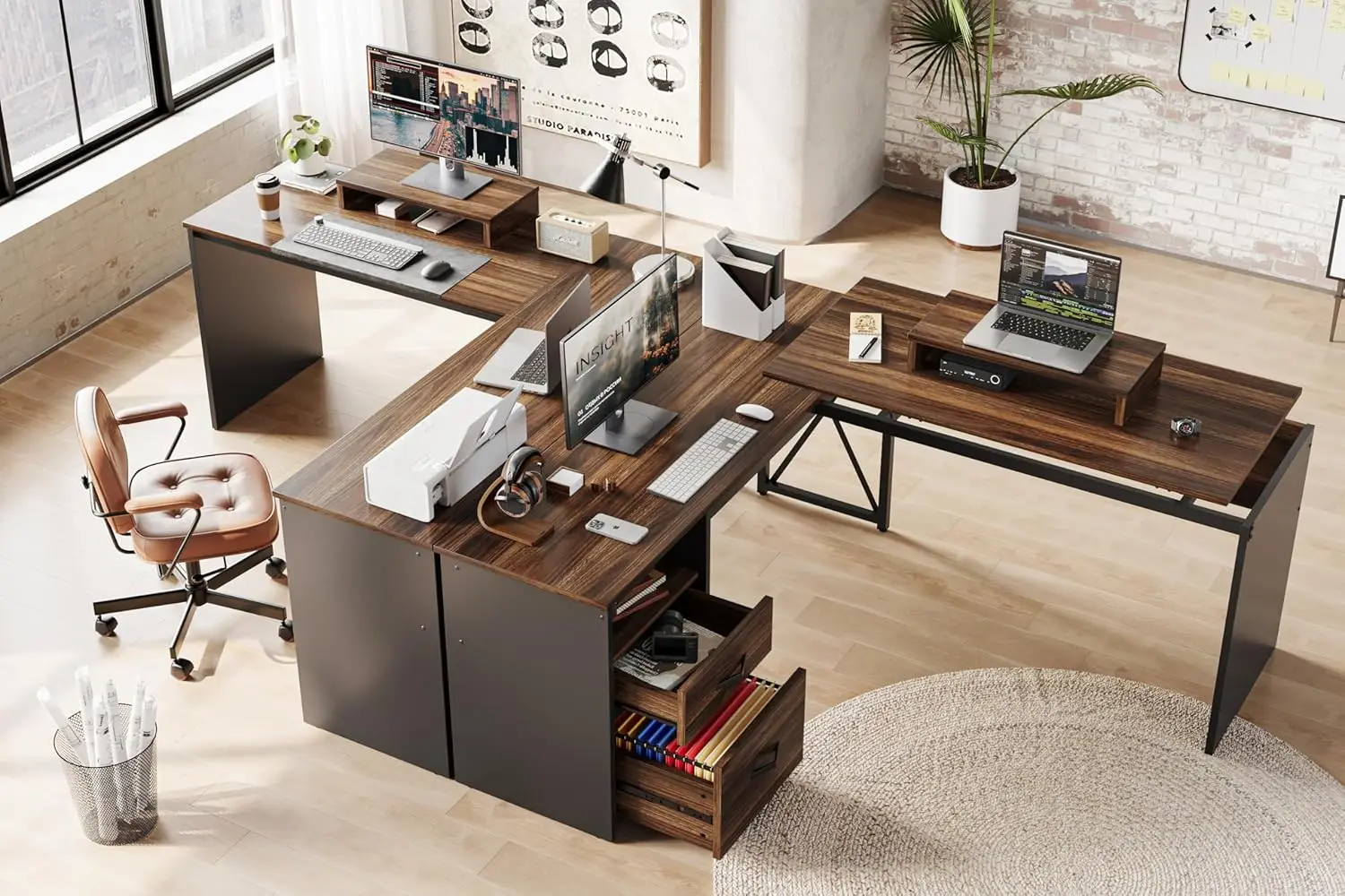 

Lift Top L Shaped Desk with File Drawer, 55'' x 55'' Office Desk with Reversible Storage Drawers, L Shaped Standing Desk