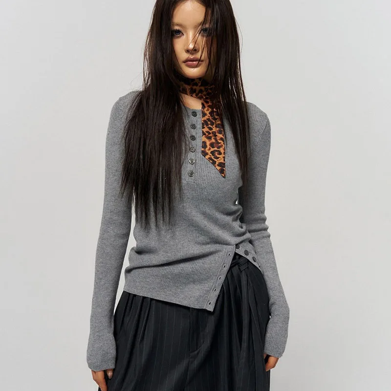 New Chic Fall Women Minimalist Henley Ribbed Long Sleeve Top Crew Neck Half Button Slim Fitted Pure Colour Casual Couples' Money