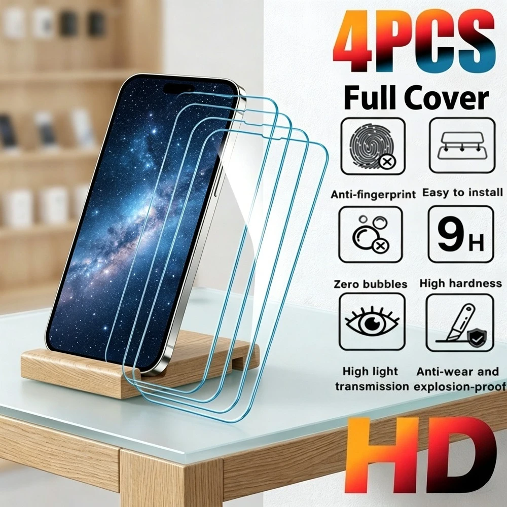 

4Pcs Ultra Clear Screen Protector for iPhone 17 16 15 14 Pro Max Air 17e 16e 15 Plus 13 12 11 Pro Anti-Scratch Tempered Glass