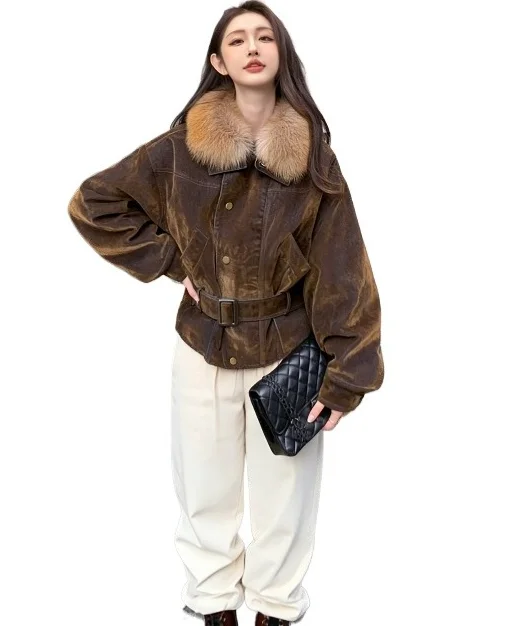 American retro denim down fur jacket women's 2025 winter new removable fox fur collar goose down pie overcome