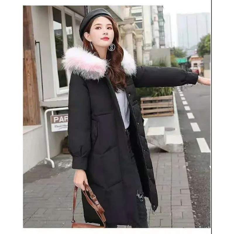 2023 New Women Cotton Coat Winter Jacket Female Warm Parkas Artificial Fur Collar Hooded Outwear Mid Length Version Overcoat