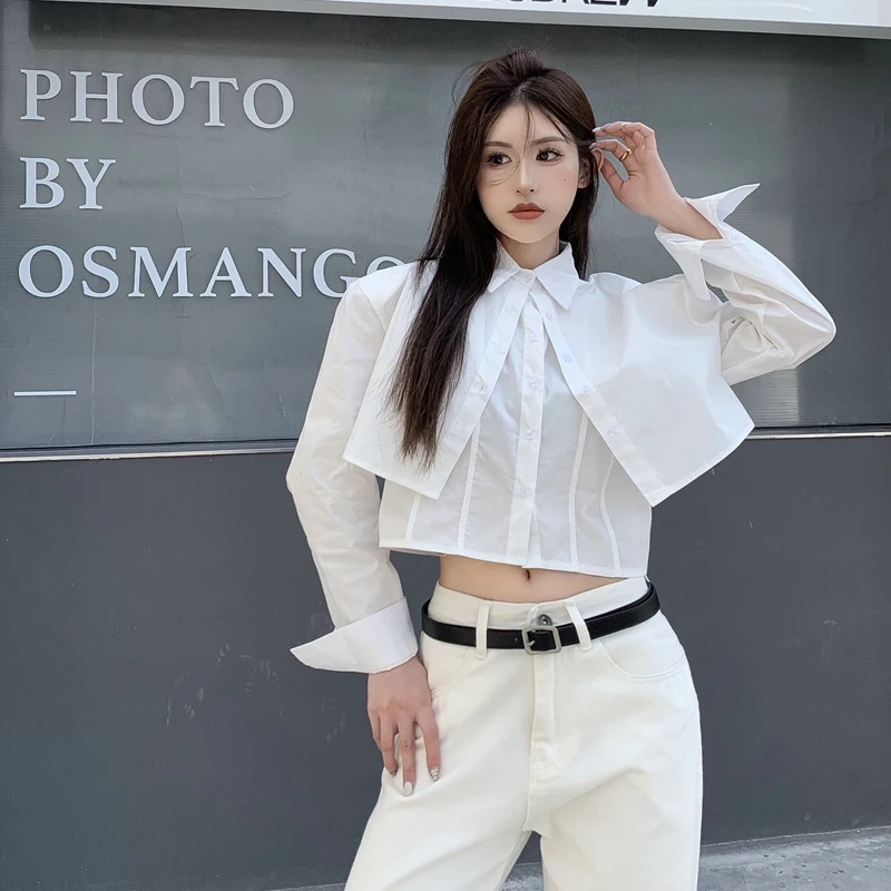 2023 New Polo Collar Cropped Shirts Women Fashion Slim Fake Two Shoulder Pads Solid Color Long Sleeve Blouses