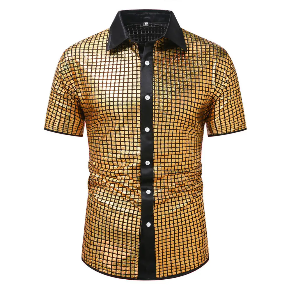 Men Shiny Plaid Shirt Short Sleeve Button Down Disco Party Shirt for Men Clubwear Stage Performance Costume Top Halloween Outfit