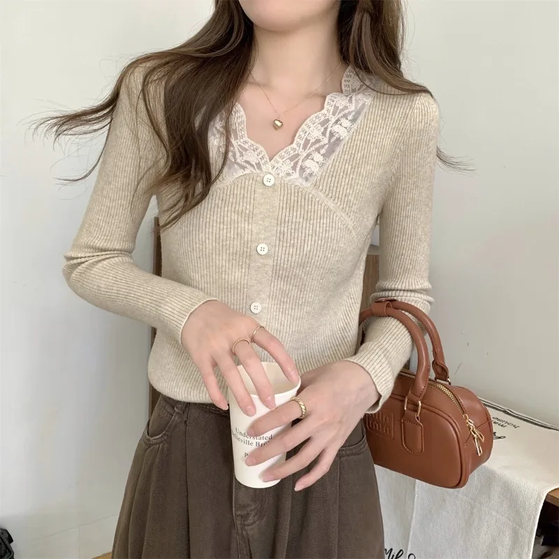 Pullovers Women V-neck Lace Spliced Ins Knitted Gentle Temper Slim Fit French Style All-match Daily Spring Autumn Inner Female