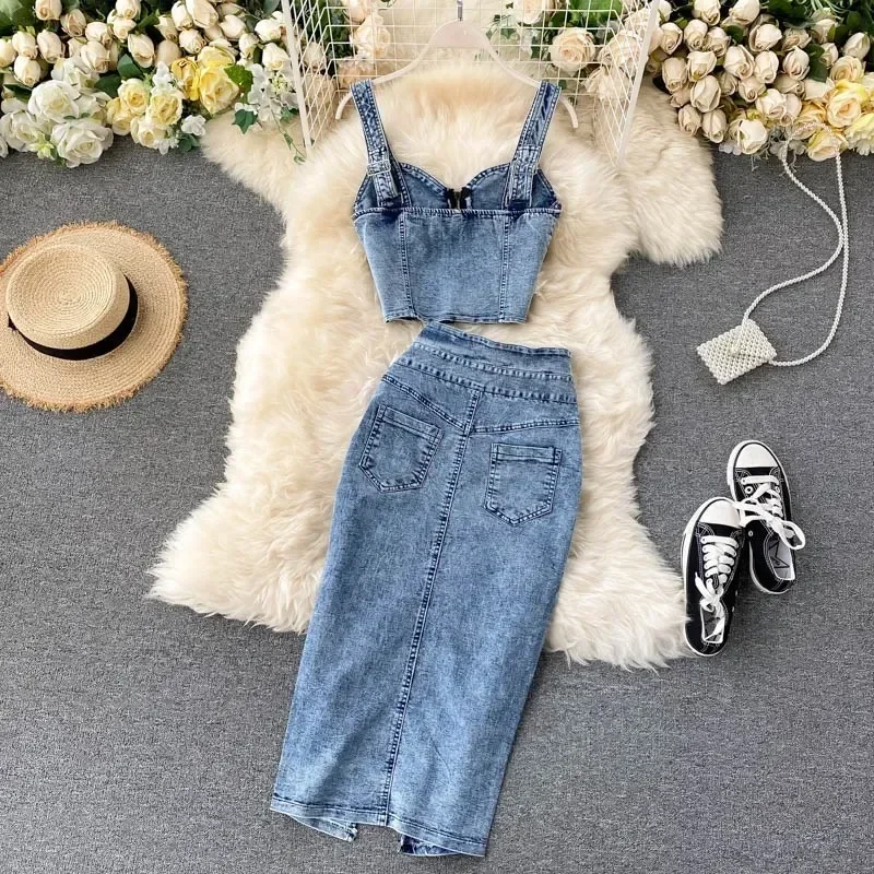 Mulheres jeans tanque colete + saias define fino denim cintas topos botões maxi saia ternos elegante moda midi saia novo vestido combinando
