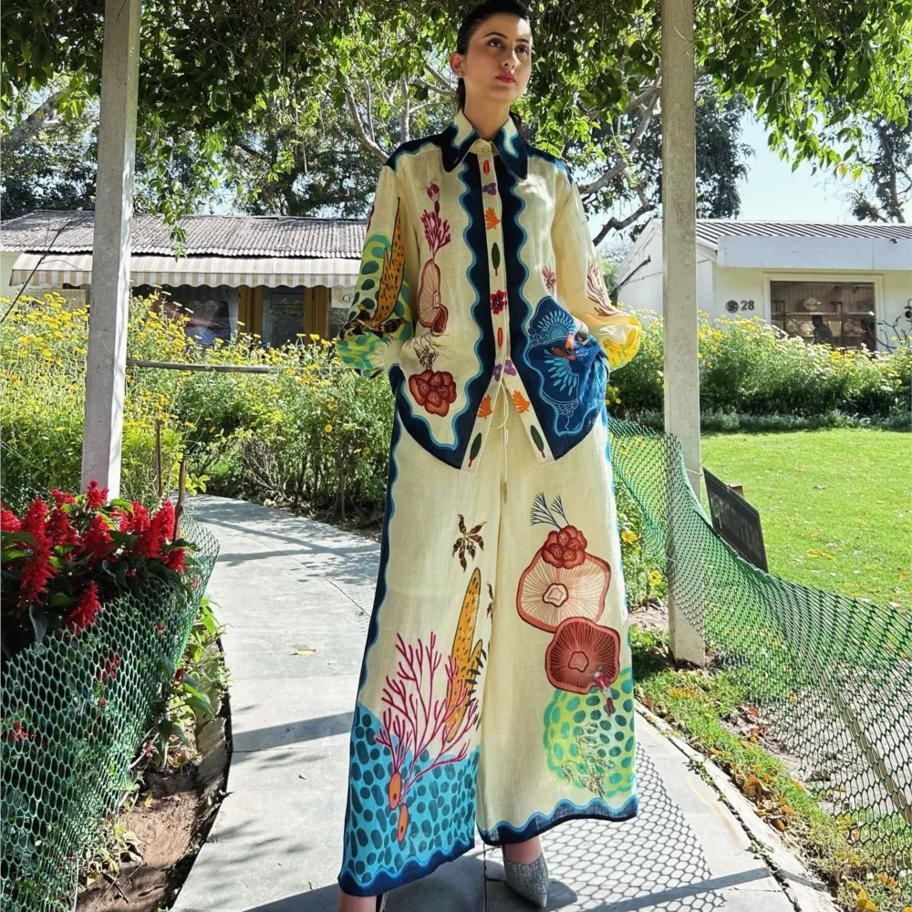 

Fashion Elegant Retro Printed Long-sleeved Shirt Suit Women Spring New Female Casual Loose Wide-leg Long Pants Office 2piece Set