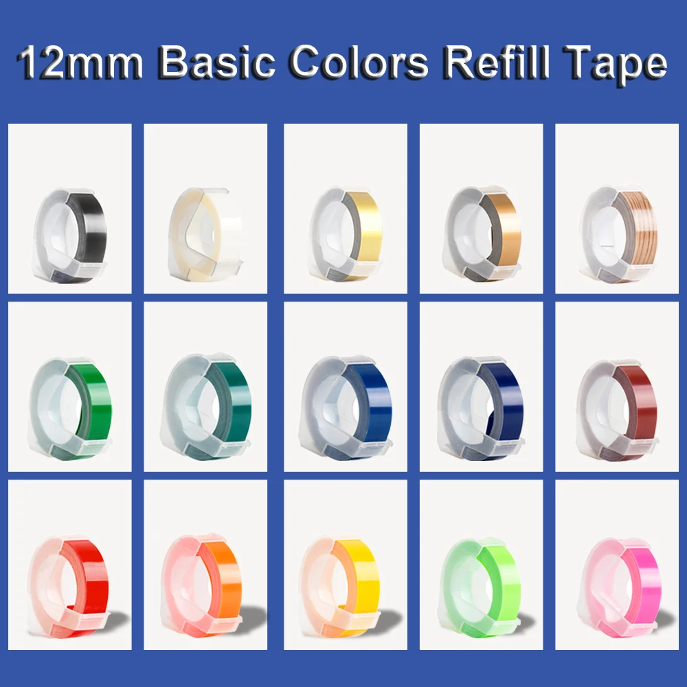 1 Roll Basic Colors Refill Tapes for Motex Embossing Label Maker MOTEX 1540B E505 Typewriter - 12mm x  3mtrs