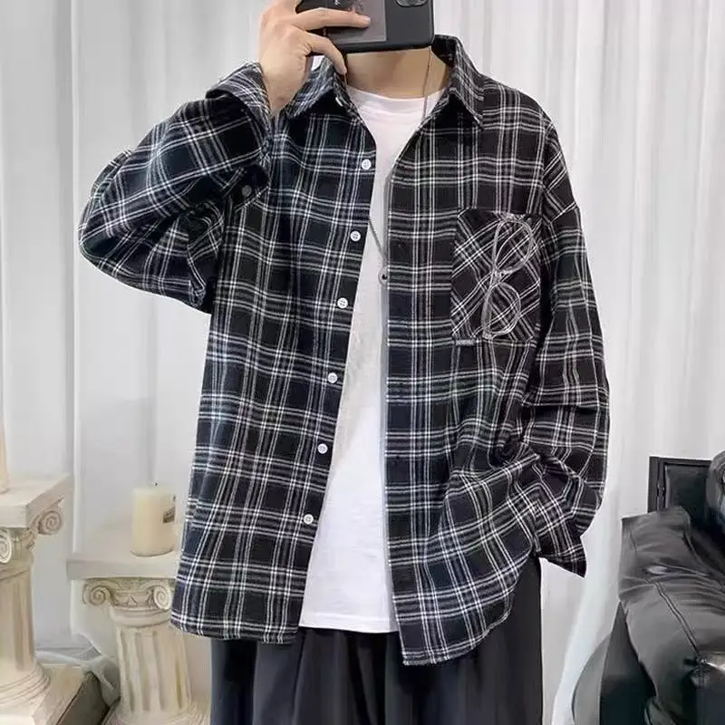 Stylish Casual Long Sleeve Men's Shirt Retro Embroidered Logo Design High Street Commute Handsome Turn-down Collar Spring Autumn
