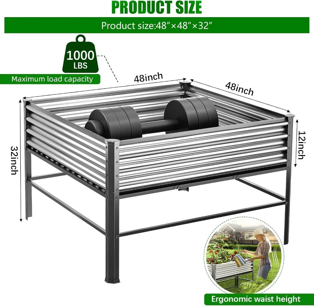 Doniks Raised Garden Bed with Legs, 48×48×32in Large Outdoor Metal Galvanized Garden Planting Box,1000lb Capacity for