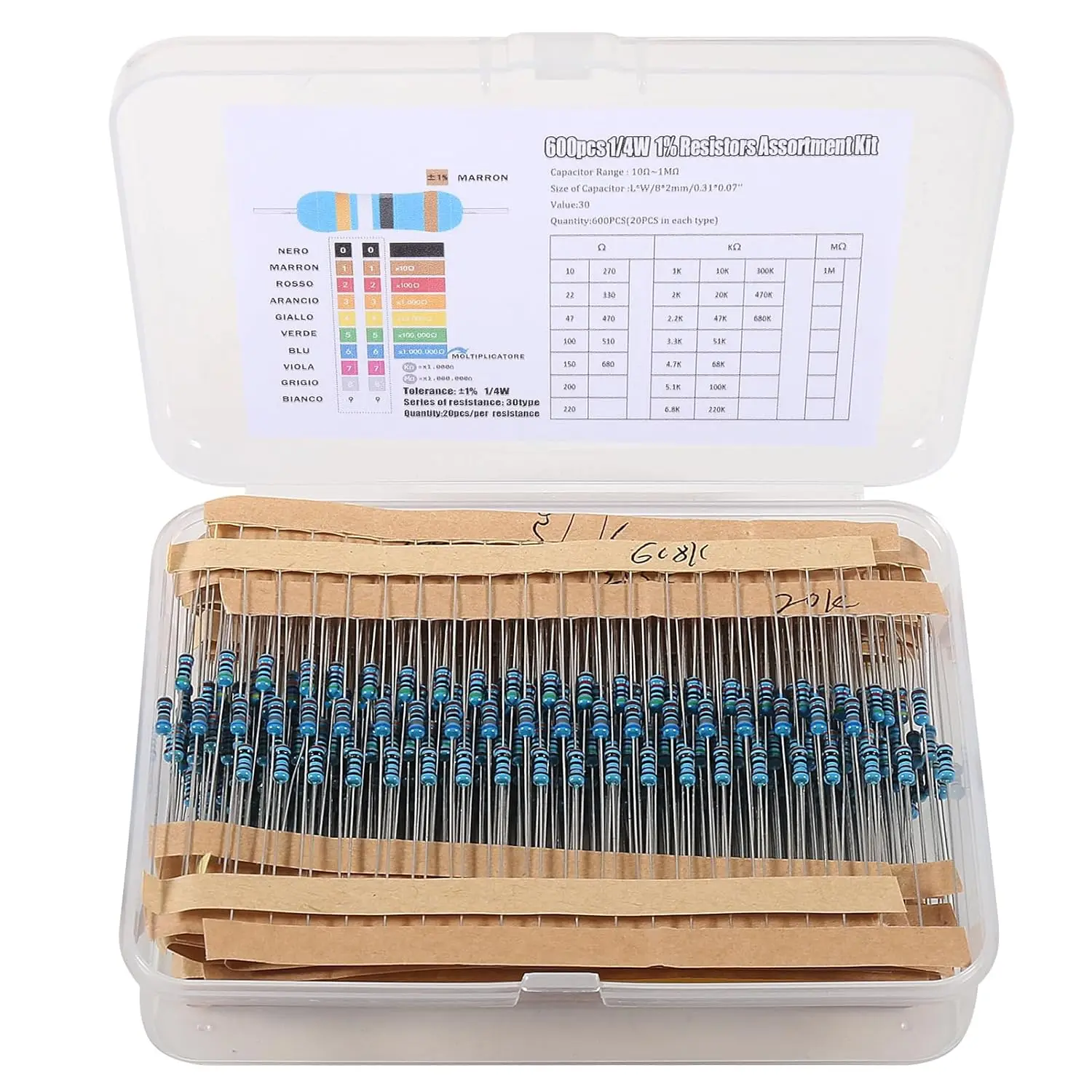 Kit de Componentes Eletrônicos com 600 Resistores de Filme Metálico 1/4W, 30 Valores (10 Ohm-1M Ohm) para DIY, Tolerância de 1%