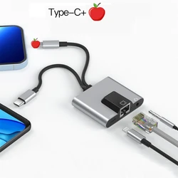 Type-C to 3.5mm RJ45 Hub USB C to Ethernet LAN Network Adapter Audio PD Fast Charging Docking Station For Phone Laptop Tablet