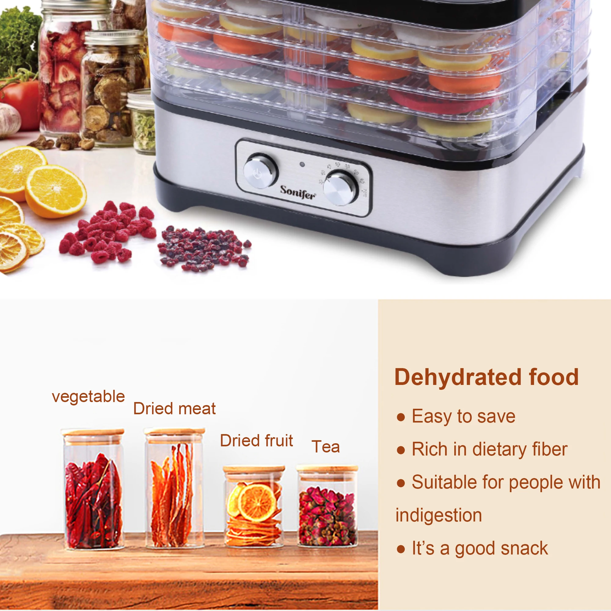 BPA FREE 5 Trays Food Dryer Dehydrator with Digital Timer and Temperature Control for Fruit Vegetable Meat Beef Jerky Sonifer