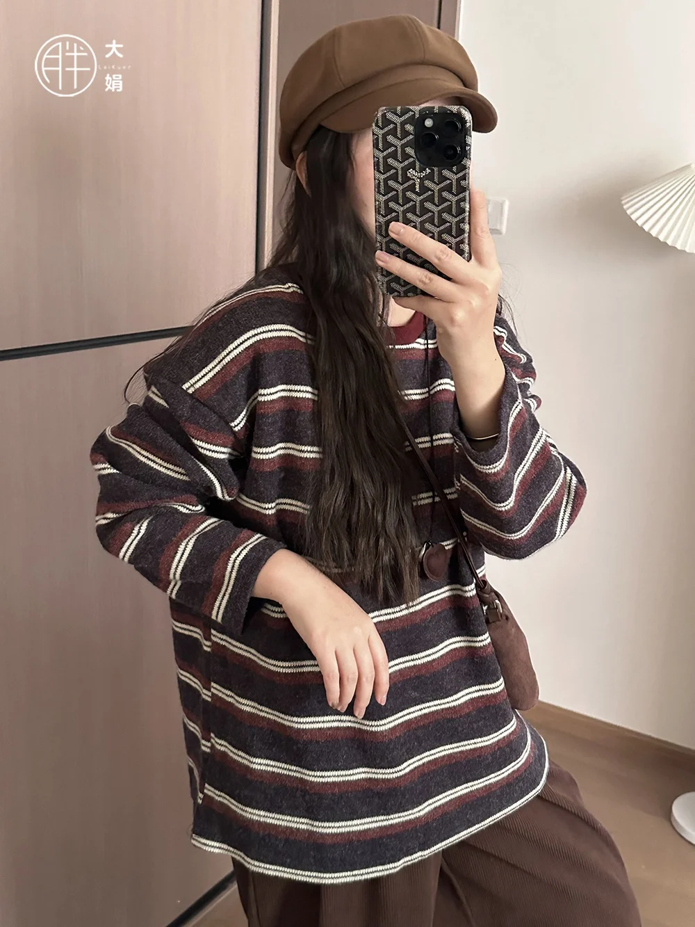 

Ретро-футболка в полоску с цветными вставками, свободного кроя, с круглым вырезом, осенне-зимняя, женская, в корейском стиле, модный топ