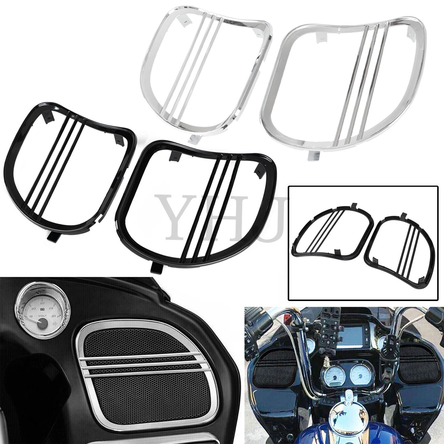 

Tri-Line Speaker Grills Trim Horn Cover Outer Frame For Harley Motorcycle Touring Road Glide Special FLTRX 2015-23 Black/Chrome