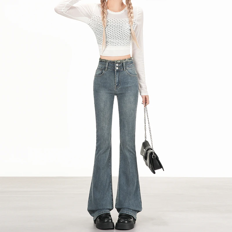 

Джинсы Y2k, женские брюки, расклешенные брюки с потертым краем, вигинающие винтажные джинсовые штаны, модные модные брюки