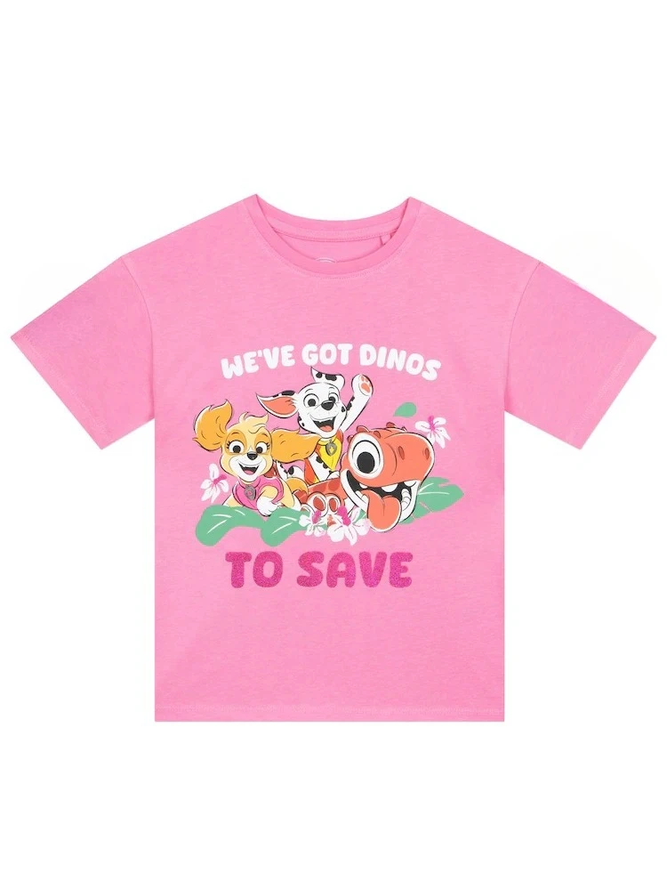 Character Pink Paw Patrol Dinosaur T-Shirt Children Cartoon Chase Skye Top Tees Anime Girls Boys Shirts Kids Summer Clothes Gift