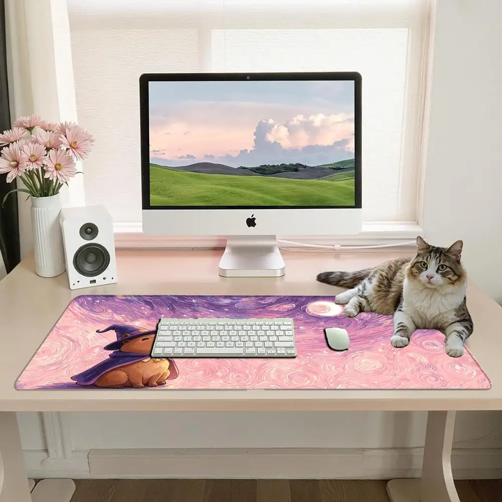 Cute Wizard Capybara Starry Sky Large Gaming Mouse Pad Van Gogh Style Non-Slip Rubber Desk Mat TCG Playmat Office Desktop Decor