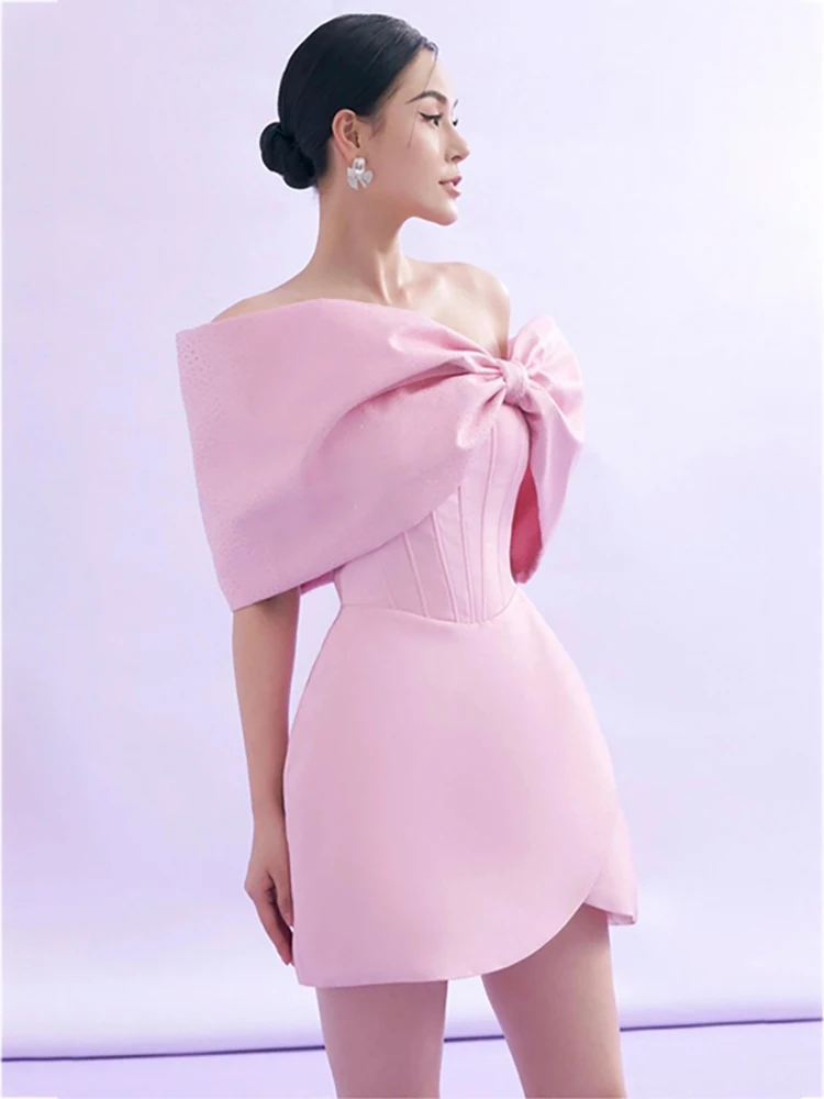 DEAT Elegant Dress Strapless Off Shoulder Asymmetric Big Bow Pink Women\'s Elegant Mini Dress 2024 Spring New Fashion 13DB3186