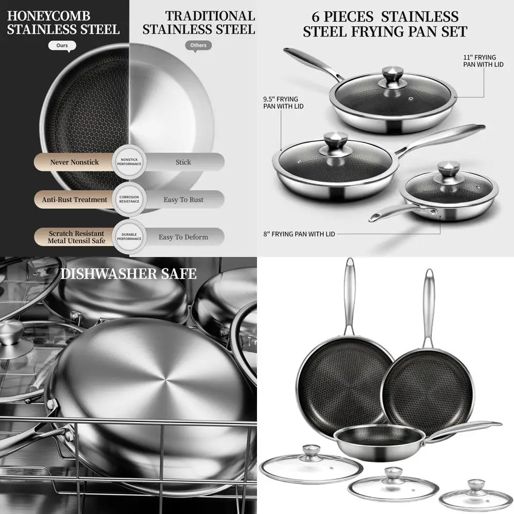 

Stainless Steel Honeycomb Nonstick 6-Piece Frying Pan Set with Lids, Induction Compatible, PFOA Free