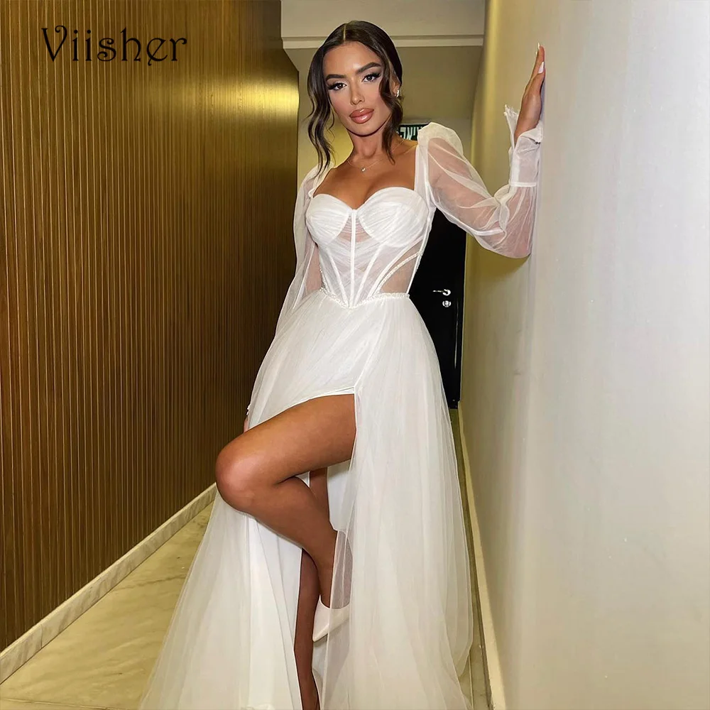 

Viisher White Tulle Israel Wedding Dresses Sexy Split Long Sleeve Bohemian Bride Dress Beach Wedding Gowns Customized Lace Up