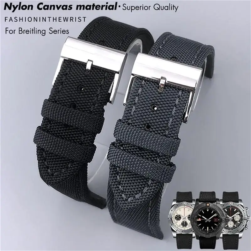 

BEFIA 22mm High Density Nylon Watch Band Watchband Black Gray For Breitling Strap for NAVITIMER WORLD Avenger/Navitimer Belt