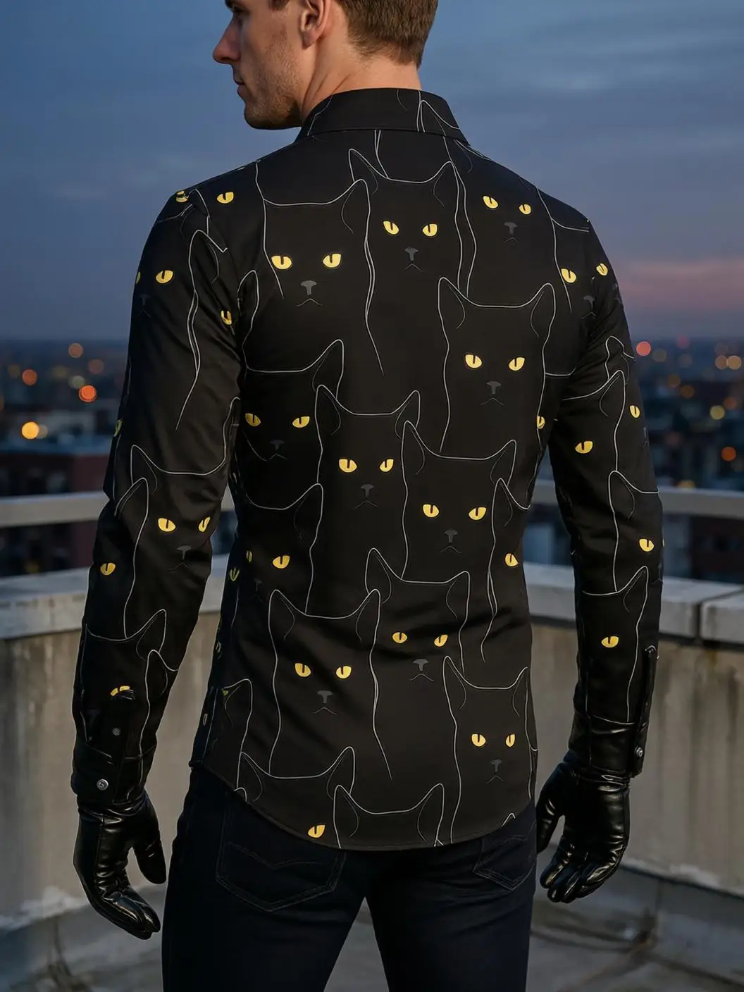 Men Long-Sleeve Button-Down Shirt Black Cat Yellow Eyes Outline Print Polyester Lapel Collar Party Casual Top