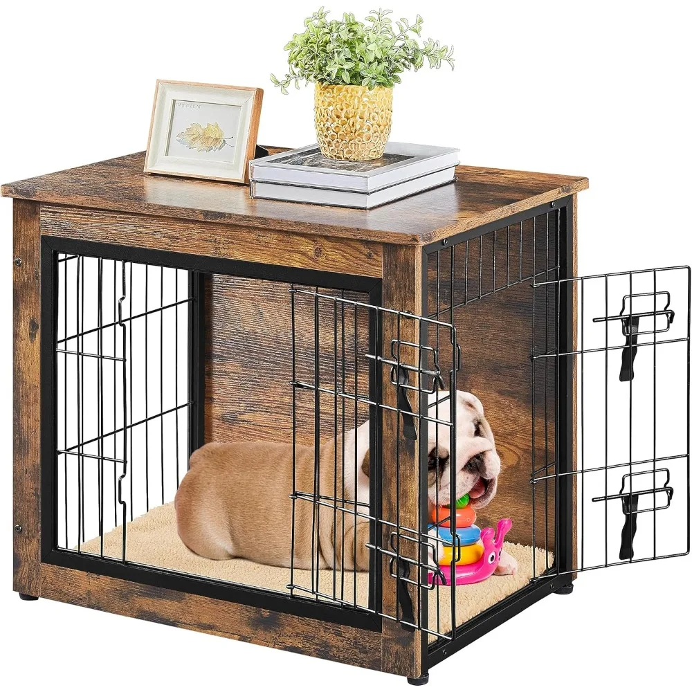 

27.5'' Dog Crate Furniture with Cushion Wooden Dog Crate with Double Doors/Adjustable Feet Side End Table for Small/Medium Dogs
