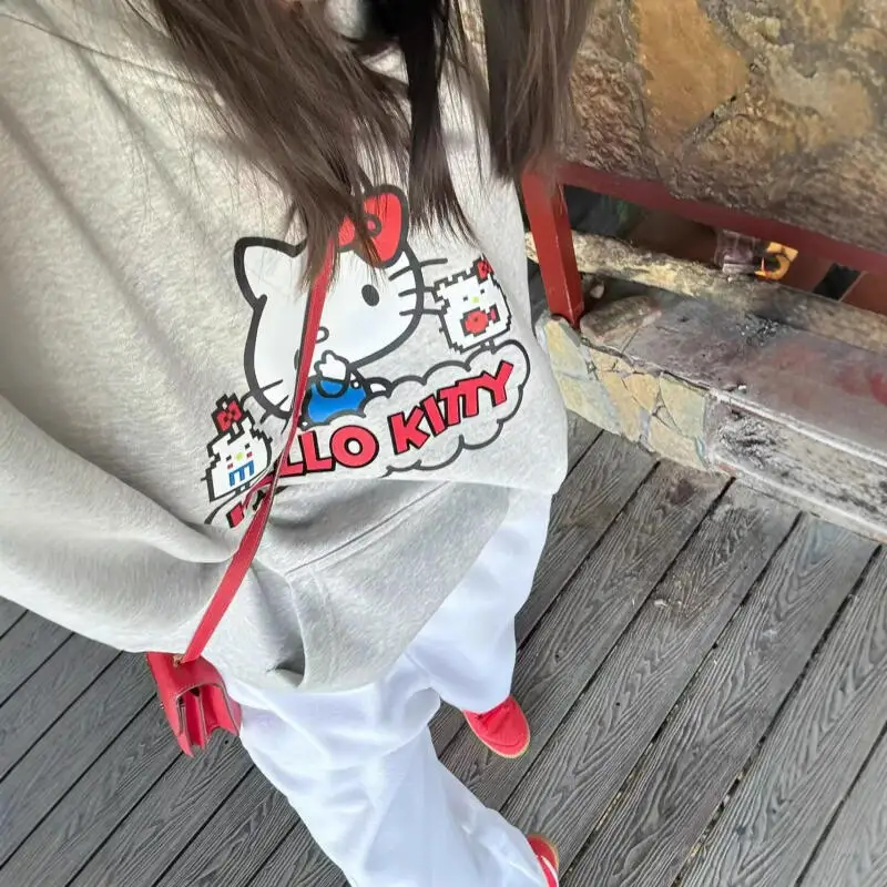 후드티 고양이 프린트 긴 소매 루즈핏 남녀 공용 달콤한 만화 스타일 다용도 가을 겨울 고급형