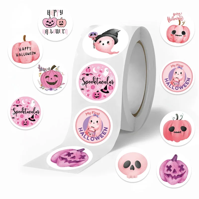 

500PCS Pink Halloween Paper Labels Thank You Sticker Sealing Kids Decoration Scrapbooking Stationery Hand Accounting Supplies