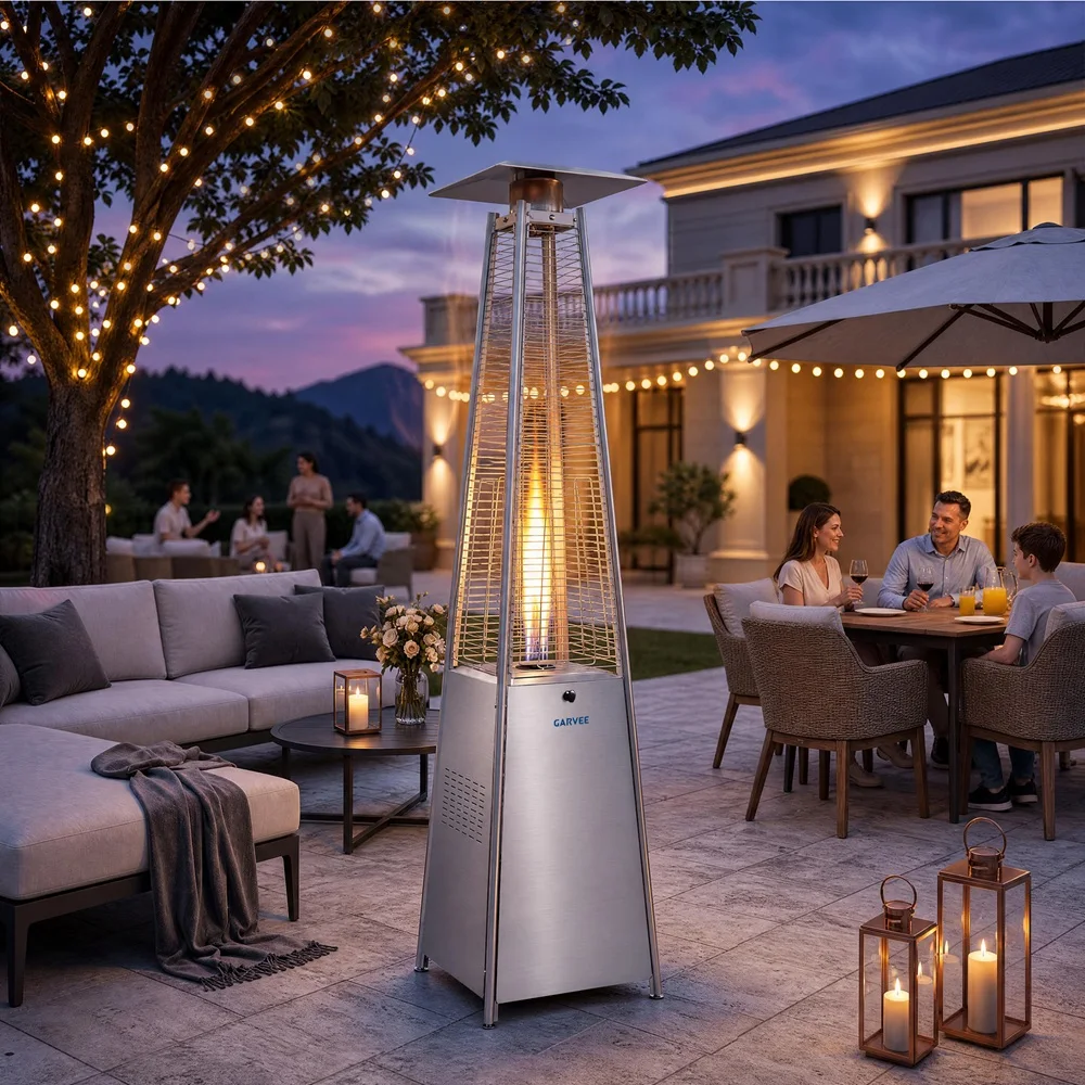 48,000 BTU Pyramid Propane Patio Heater with Glass Tube Flame, Push Button Ignition, Adjustable Heat Control, Wheels & Waterproof Cover for Outdoor Deck, Backyard, Garden