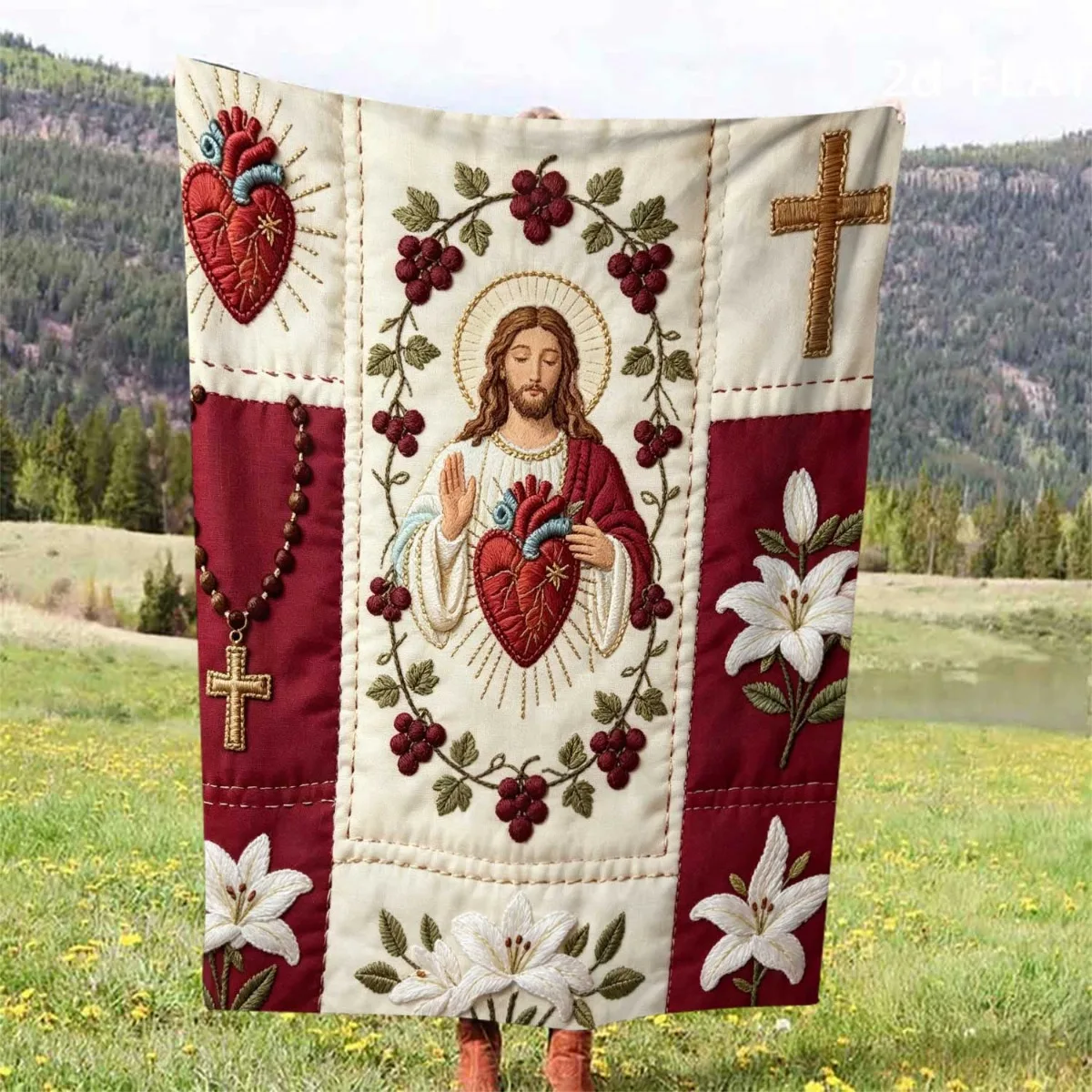 Vintage French Jesus Sacred Heart Cozy Throw Blanket, Christian Religious Couch Bed Wrap, Christmas Decor Gift