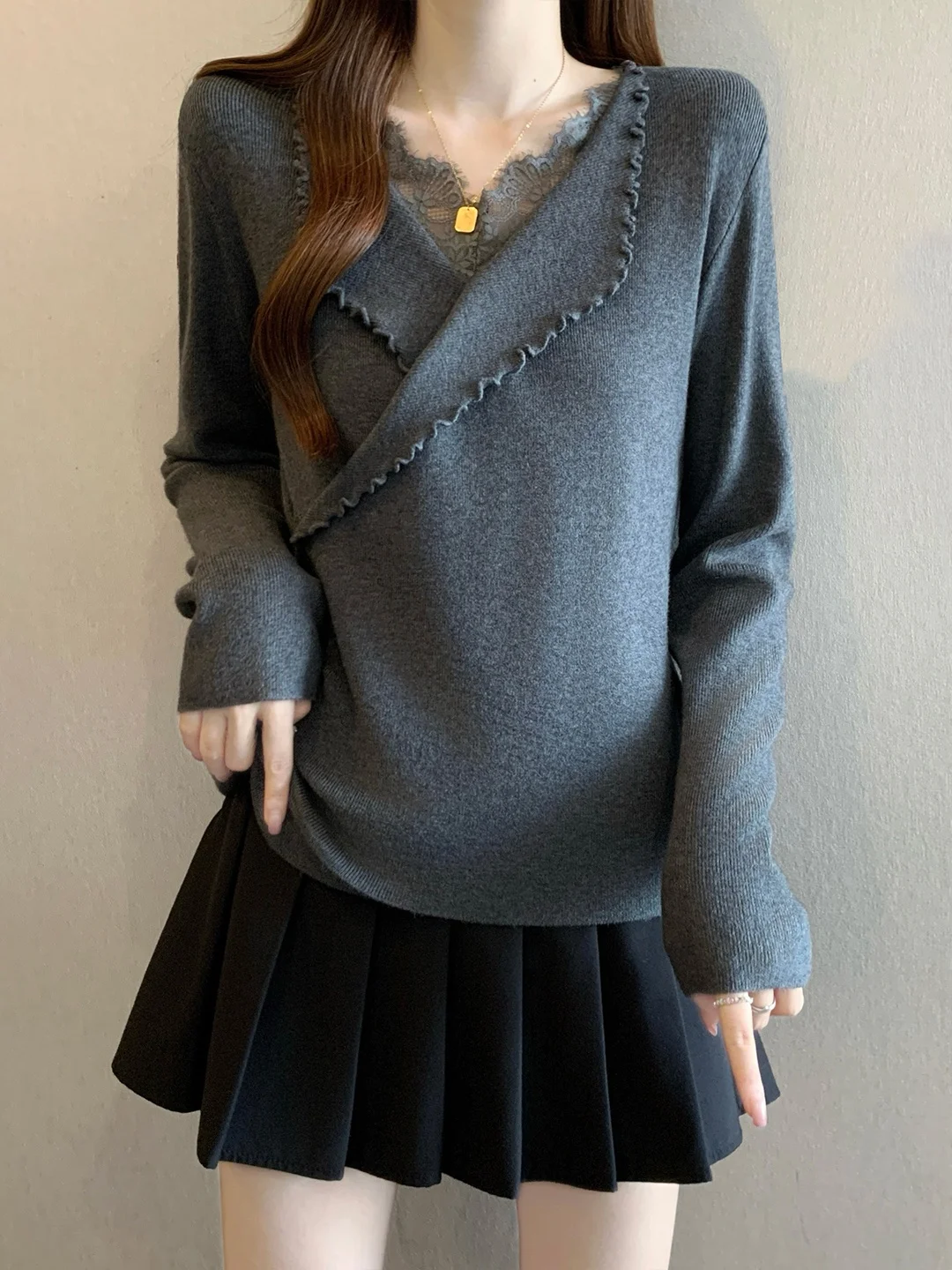 

Ele ey Knitted Long Sve V-Ne Women's Top with Wood ain Ruffle Autumn Winter plus Size Casual Faion Unique