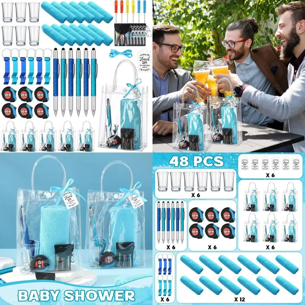 

Men's Baby Shower Prizes: Cleaning Cloth, Bottle Opener, Screwdriver, Tape, Measuring Tool, Keychain Multi-Tool, Pen, Gift Bag,