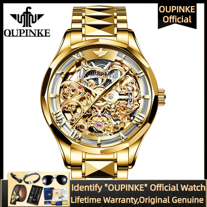 

OUPINKE 3168 Full Skeleton Fashion Watch Man High-end Tungsten steel Automatic Mechanical Men's Watch