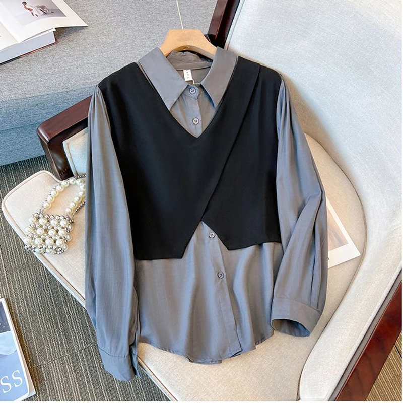 Gidyq Women Fake Two Pieces Shirts Elegant Female Chic Loose Long Sleeve Vest Tops Casual All Match Patchwork Blouse Spring New